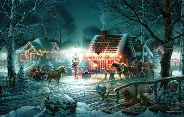 Картинка зима, снег, праздник, дома, вечер, лошади, повозка, сани