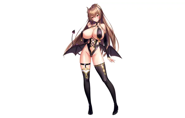 Girl, sexy, cleavage, thighhighs, horns, erect nipples, long hair, legs
