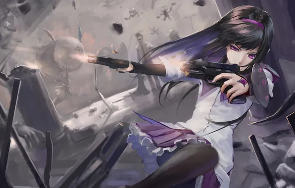 Картинка девушка, прыжок, пистолеты, выстрелы, Akemi Homura, Mahou Shoujo Madoka Magica