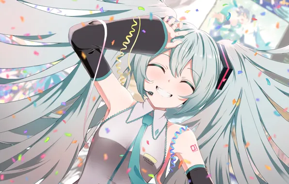 Девушка, улыбка, Hatsune Miku, Vocaloid, кофетти