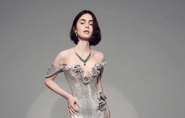 Взгляд, девушка, украшения, фото, фигура, платье, красивая, Lily Collins
