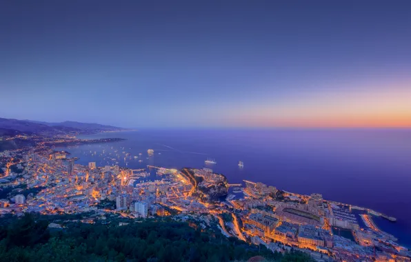 Картинка море, закат, огни, побережье, здания, корабли, Monaco