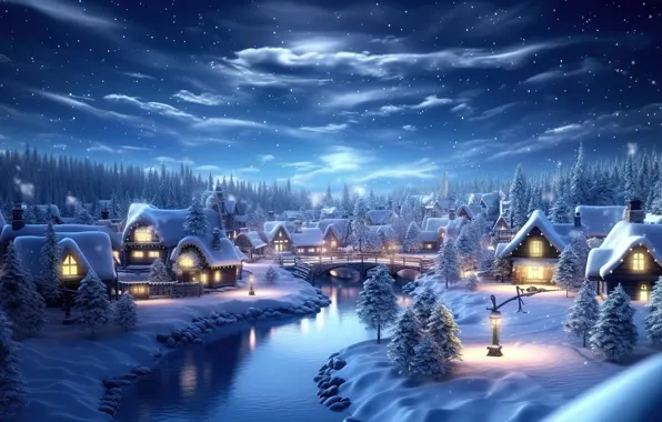 Зима, снег, ночь, Новый Год, деревня, Рождество, домики, house