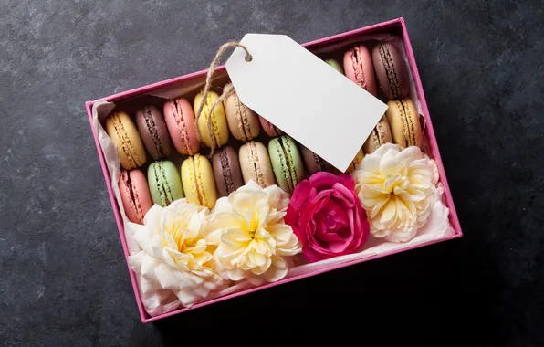 Цветы, подарок, colorful, pink, flowers, macarons, gift box, макаруны