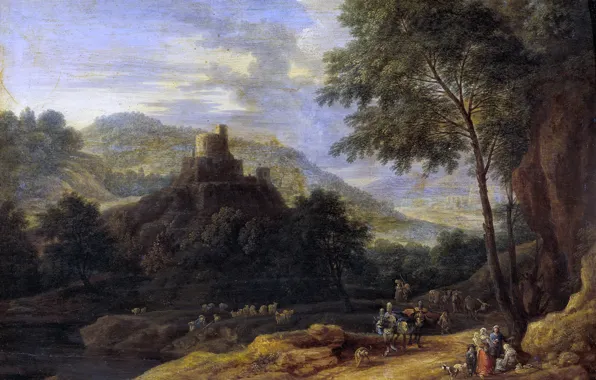 Деревья, река, холмы, башня, картина, Адриан Франс Будевинс, Пейзаж с Пастухами