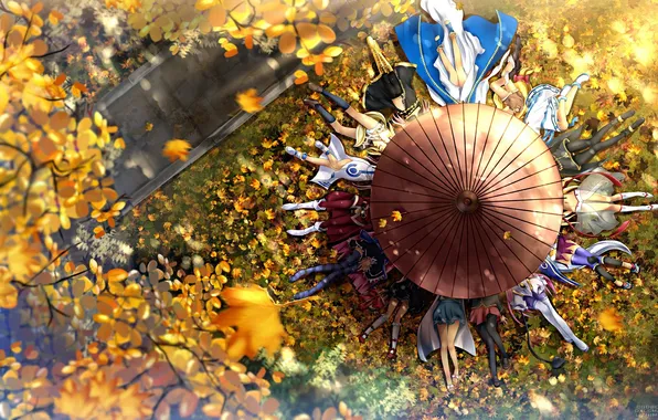Картинка осень, зонтик, аниме, ножки, герои, листопад, Spring umbrella