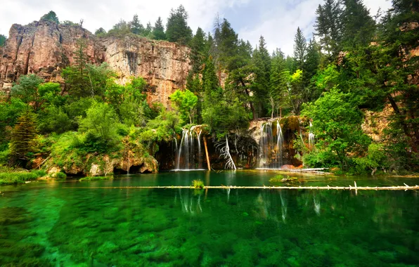 Картинка деревья, озеро, скалы, водопад, США, Hanging Lake, Colorado, Glenwood Canyon