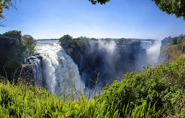 Зелень, скалы, Водопад, Африка, Victoria Falls, Zimbabwe, бурный поток