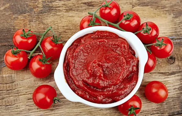 Доски, миска, помидоры, кетчуп, боке