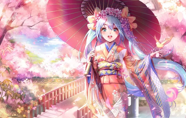 Картинка мост, река, весна, зонт, Япония, сакура, перила, кимоно
