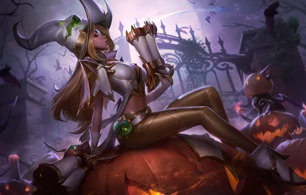 Halloween, girl, fantasy, game, night, League of Legends, holiday, blonde