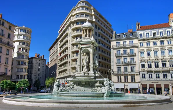 Картинка Франция, дома, площадь, памятник, фонтан, скульптура, Лион