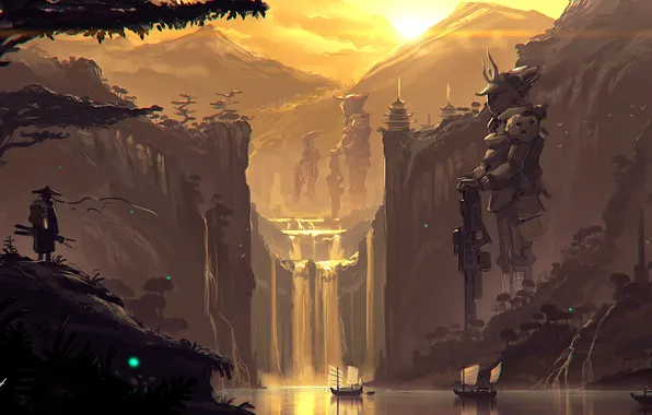 Sword, fantasy, river, trees, sunset, katana, waterfall, samurai