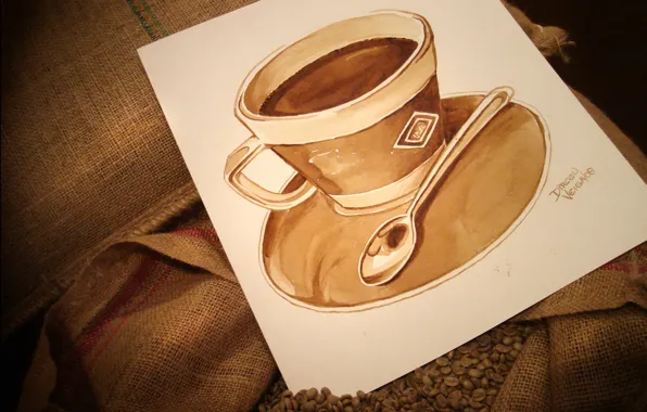 Картинка бумага, настроения, кофе, зерна, тарелка, ложка, кружка, чашка