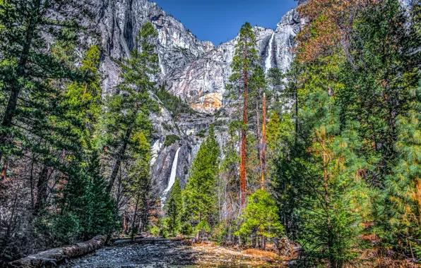 Картинка лес, небо, солнце, деревья, скалы, водопад, HDR, Калифорния