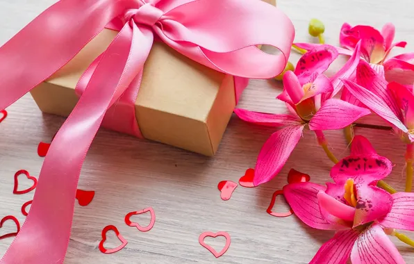 Картинка цветы, подарок, лента, сердечки, love, pink, flowers, romantic