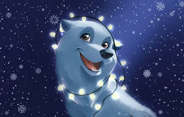 Картинка Зима, Собака, Снег, Рождество, Снежинки, Фон, Новый год, Праздник