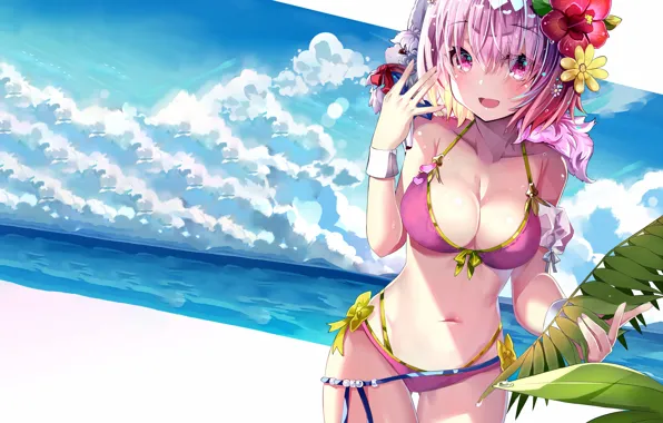 Girl, sexy, cleavage, beach, pink hair, sea, boobs, anime
