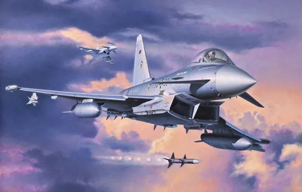 Самолет, истребитель, арт, многоцелевой, Eurofighter Typhoon, небе.