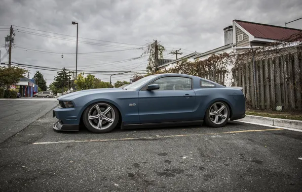 Mustang, Ford, Дорога, диски, хром, blue, боком