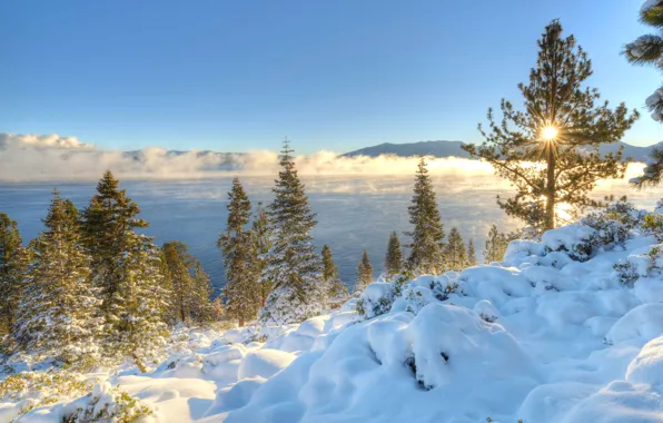 Картинка зима, снег, деревья, горы, озеро, восход, рассвет, утро