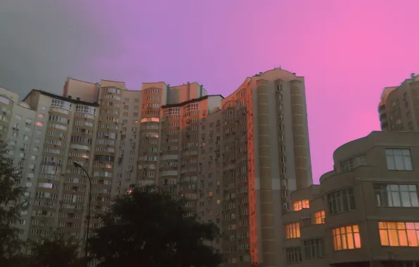 Вечер, Город, Киев, Вечереет, Двор, Осокорки, Розовый закат, Розовый вечер