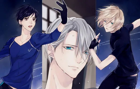 Аниме, арт, фигуристы, парни, трое, Yuri on Ice, Юрий на льду, Виктор Никифоров
