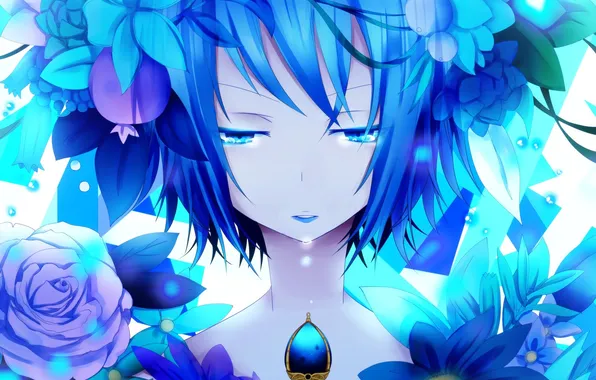 Картинка девушка, цветы, настроение, слезы, синий цвет, art, mahou shoujo madoka magica, bloodcatblack
