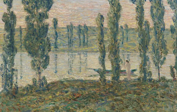 Девушка, деревья, пейзаж, лодка, картина, Frederick Childe Hassam, Вечер на Реке, Чайльд Гассам