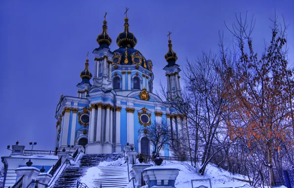 Картинка зима, небо, снег, деревья, вечер, украина, киев, андреевский спуск