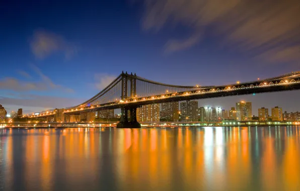 Мост, город, огни, река, здания, дома, Нью-Йорк, небоскребы