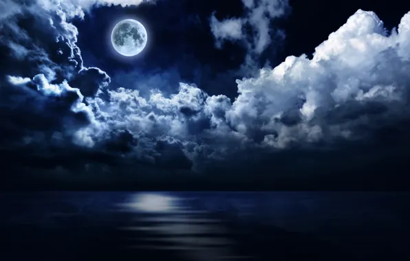 Картинка море, небо, облака, ночь, луна, горизонт
