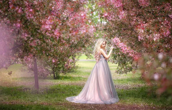 Девушка, деревья, настроение, весна, сад, платье, цветение, Оксана Митина