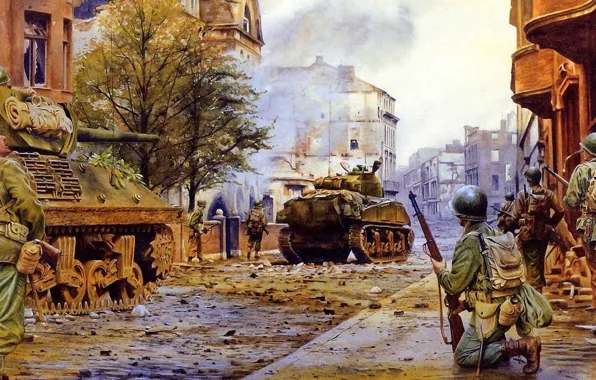 Картинка город, война, улица, дым, здания, бой, американцы, солдаты