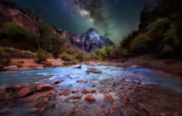 Звезды, ночь, река, камни, скалы, млечный путь, Zion National Park, Utah