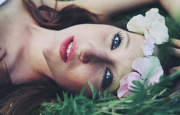 Картинка трава, взгляд, девушка, цветы, голубоглазая