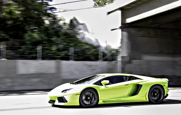 Зеленый, green, скорость, Lamborghini, размытость, ламборджини, Aventador, авентадор