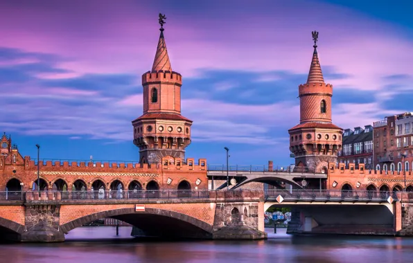 Картинка мост, река, вечер, Германия, Берлин, Шпрее, Oberbaumbrücke, Spree