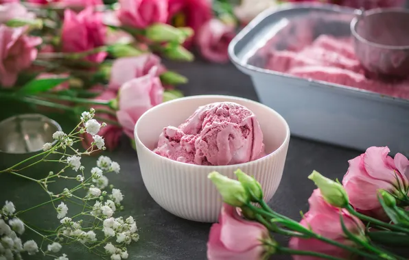 Цветы, мороженое, миска, лоток, пиала, букеты, гипсофила, эустомы
