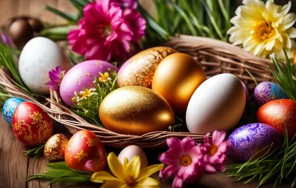 Цветы, яйца, весна, colorful, Пасха, happy, flowers, spring