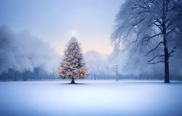 Зима, снег, украшения, ночь, шары, елка, Новый Год, Рождество