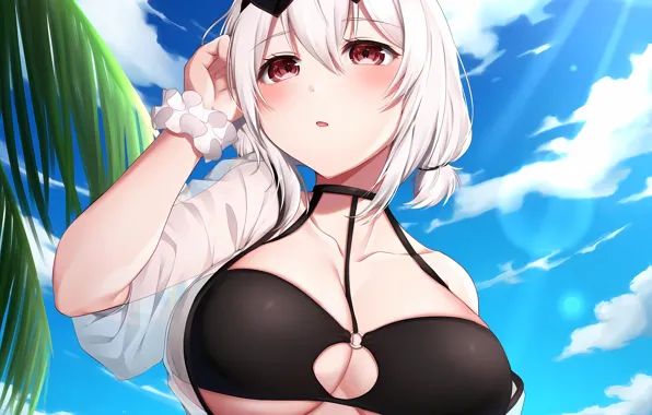 Girl, sexy, cleavage, sky, boobs, anime, beautiful, red eyes