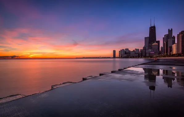 Картинка Chicago, Illinois, water, sunrise, shore, reflection, Lake, Michigan