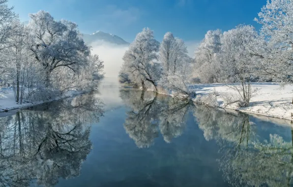 Зима, иней, деревья, отражение, река, Германия, Бавария, Germany