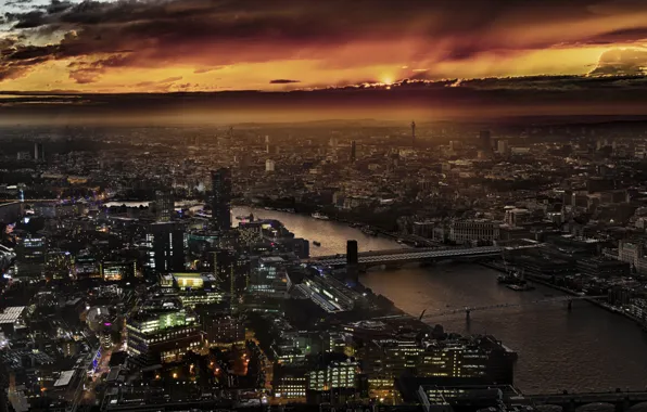 City, Landscape, Sunset, London, England, Thames, Shard