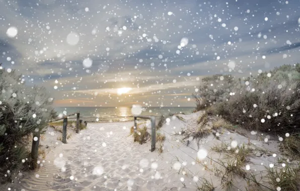 Картинка зима, море, пляж, снег, природа, дюны