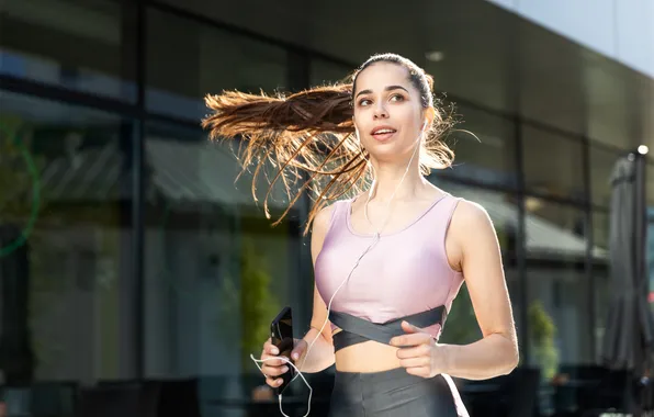 Girl, headphones, sports, smartphone, running