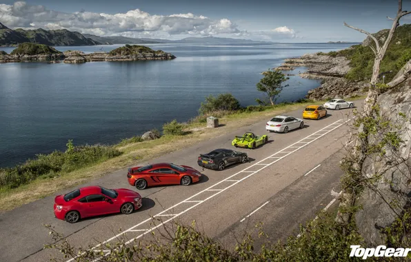 Картинка дорога, небо, вода, побережье, McLaren, Ford, 911, Porsche