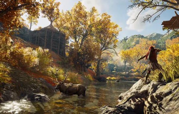 Картинка лес, деревья, болото, лось, ассасин, Assassin's Creed Odyssey