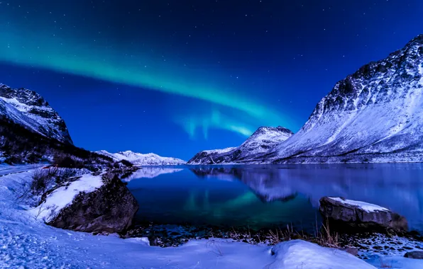 Картинка зима, небо, ночь, северное сияние, Исландия